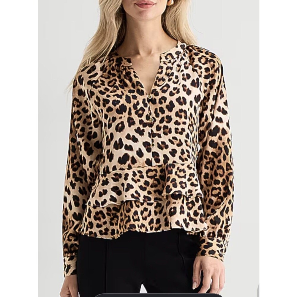 New Abbeline Top Womens S/M Leopard Print Wrap Long Sleeve Surplice V-Neck